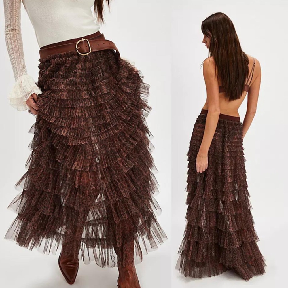 Free People Return Of The Ruffle Maxi Slip Skirt Leopard Print XS NWT Boho Sheer
